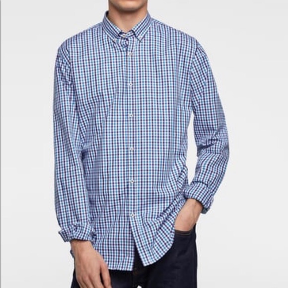 ZARA Men's Plaid Slim Fit Shirt Turquoise Blue - Picture 3 of 11